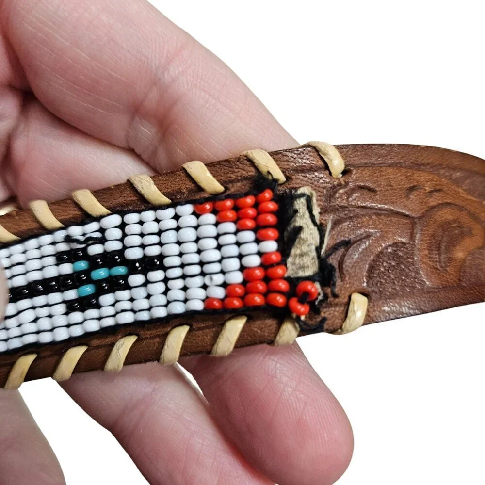 Vintage Tooled Steerhide Leather Belt With‎ Beaded Design Metal Buckle 32